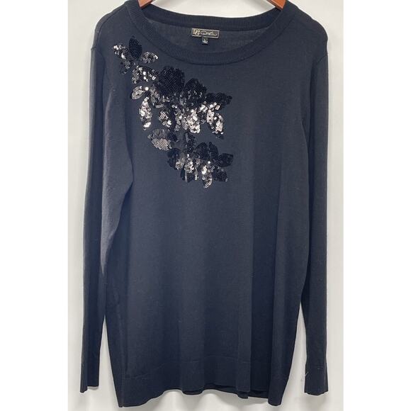 DG2 Diane Gilman Women’s Quad Blend Sequin Floral Sweater BLACK Large - Picture 1 of 13
